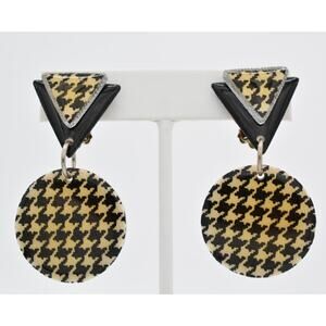 MAM Vintage Clip On Earrings Houndstooth Black White Dangle Unsigned 1980s BinAB
